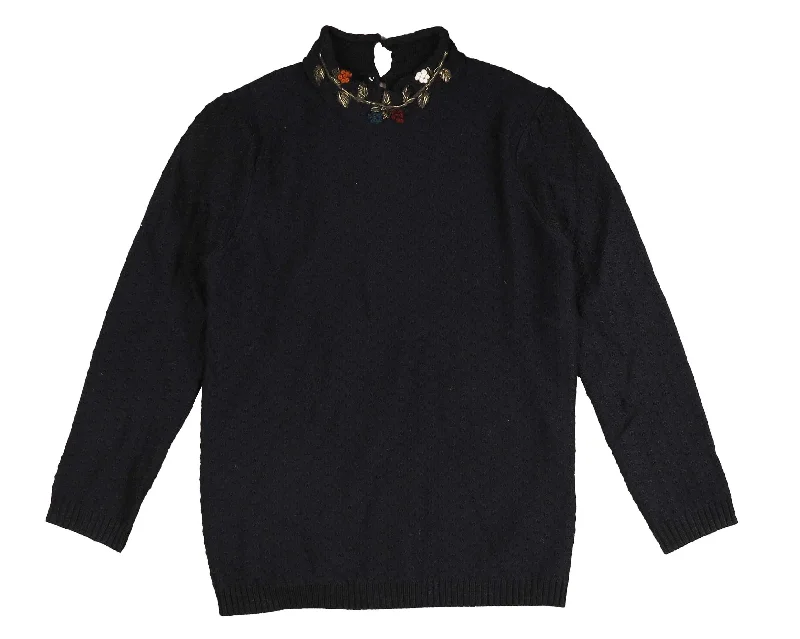 lightweight women cardigan for spring and fallNoma Navy Floral Embroided Neck Turtleneck (NKN752)
