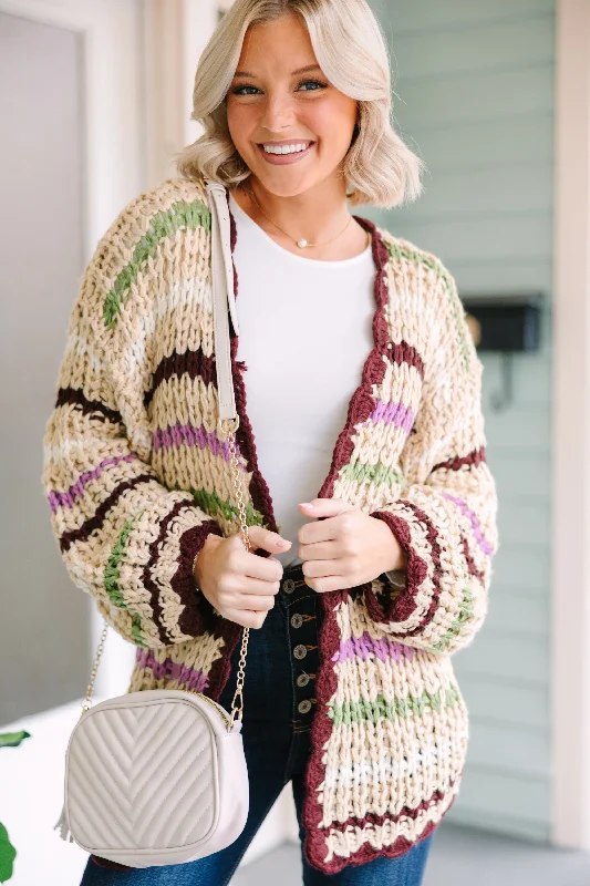 button down women cardigan with vintage buttonsOpen To Love Taupe Brown Striped Cardigan
