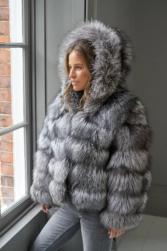 Silver Hooded Five Row Fox Coat