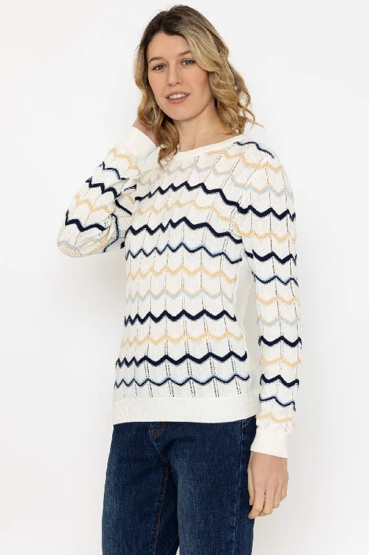 ribbed women cardigan with a classic textureTextured Crew Neck Knit in Ecru