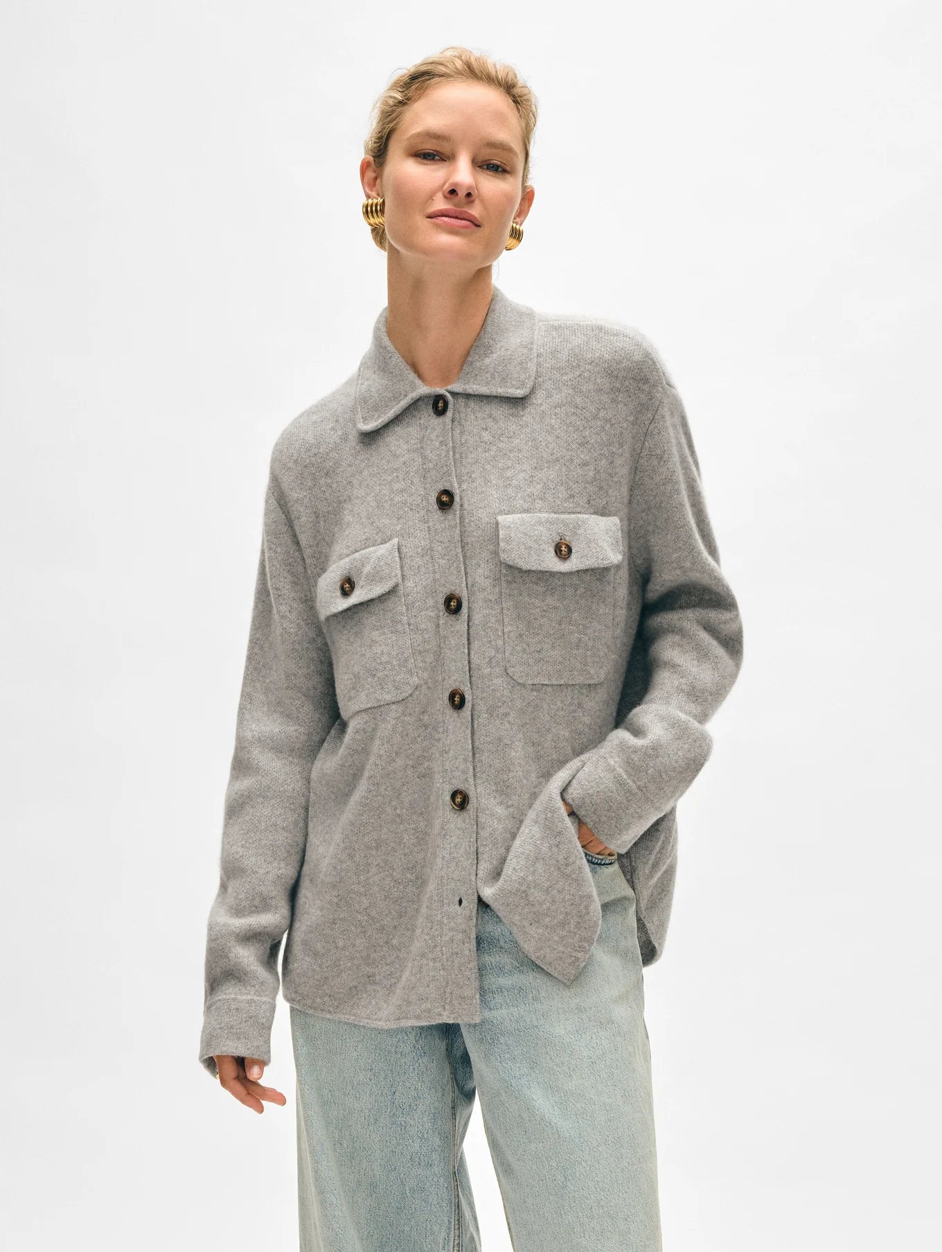 cable knit women cardigan with intricate patternsWhite + Warren - Cashmere Luxe Button Down Shacket