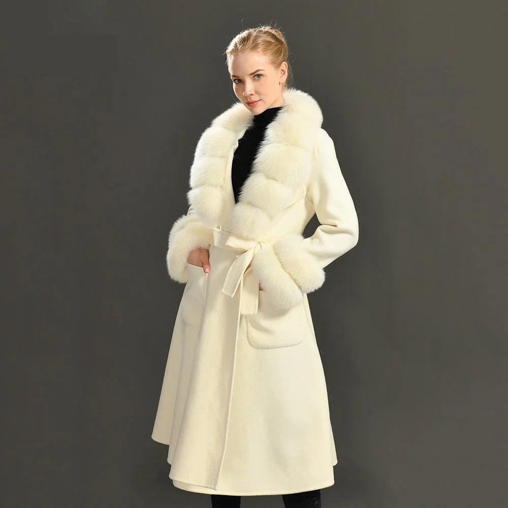 Embroidered women's cotton coats in a bohemian pattern for a unique designWomen's Elegant Solid Color Wool Full Sleeves Long Winter Jacket with Belt