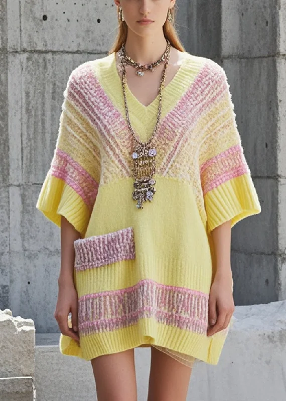 Knee - Length Women's Wool Blend Sweater Dresses in Neutral ColorsArt Yellow Oversized Patchwork Knit Long Sweater Short Sleeve
