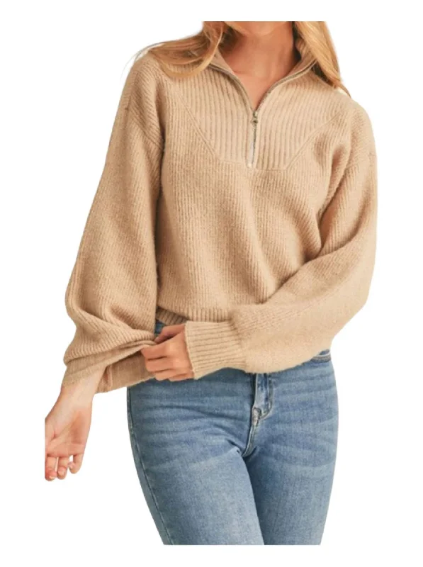 Ashley Half Zip Pullover Sweater In Beige