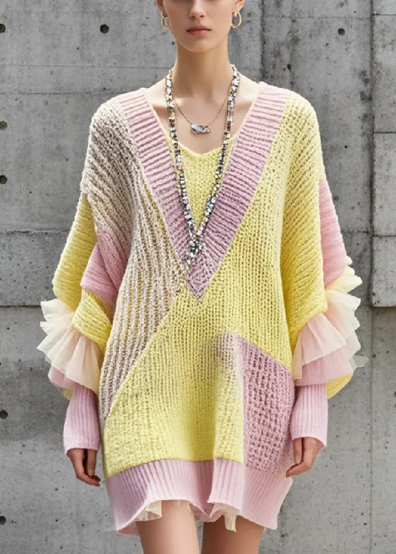 Plus Size Women's Long Sleeve Cable Knit Sweater DressesBeautiful Colorblock Oversized Patchwork Long Sweater Batwing Sleeve