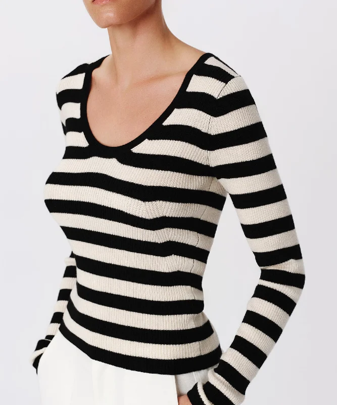 Distressed Women T Shirt with a Laid - Back AestheticWool Blend Striped Long Sleeve Sweater - Black-Chalk Distressed Women T Shirt with a Laid - Back AestheticWool Blend Striped Long Sleeve Sweater - Black-Chalk