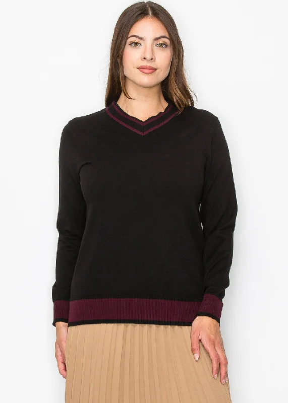 Black Knit Sweater with Burgundy Trim