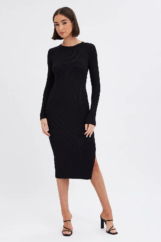 Black Midi Dress Long Sleeve Round Neck Rib Knitted