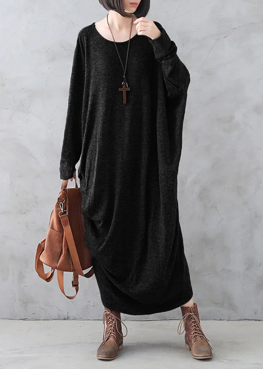 A - Line Women's Merino Wool Sweater Dresses in Classic StylesBlack O-Neck Low High Design Wool Knit Maxi Sweater Dress Fall A - Line Women's Merino Wool Sweater Dresses in Classic StylesBlack O-Neck Low High Design Wool Knit Maxi Sweater Dress Fall