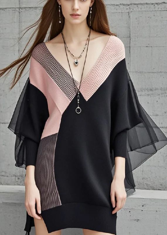 V - Neck Women's Ribbed Sweater Dresses with Belt for a Defined WaistBlack Patchwork Tulle Long Sweater V Neck Batwing Sleeve V - Neck Women's Ribbed Sweater Dresses with Belt for a Defined WaistBlack Patchwork Tulle Long Sweater V Neck Batwing Sleeve