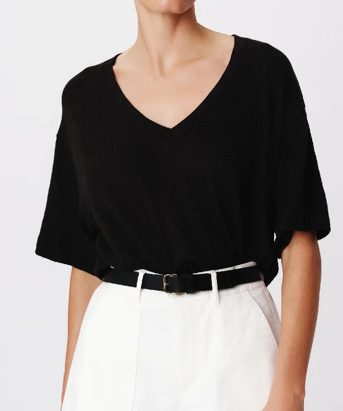 Long Sleeve Women T Shirt for Cooler WeatherSlub Jersey V-Neck Tee - Black
