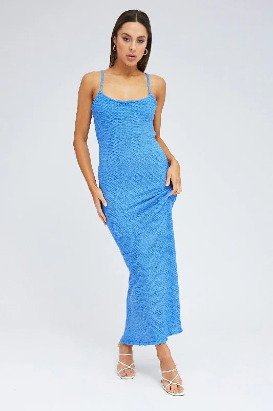 Blue Knit Dress Maxi Crochet