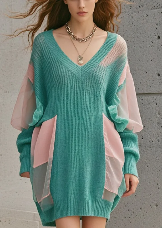 Short Sleeve Women's Cashmere Sweater Dresses in Pastel HuesBoho Green Oversized Patchwork Tulle Long Sweater Fall