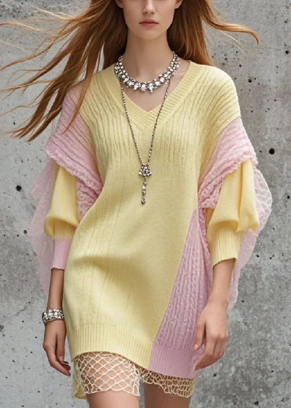 Empire Waist Women's Alpaca Wool Sweater Dresses in Earthy TonesBoutique Yellow Asymmetrical Patchwork Tulle Sweater Dress Fall