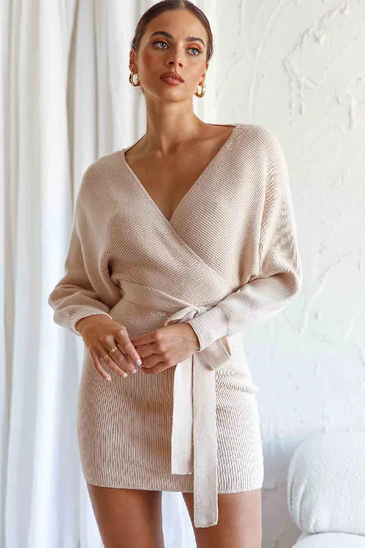 Plus Size Women's Asymmetric Hem Sweater Dresses in Modern DesignsCameo Long Batwing Knit Dress Nude
