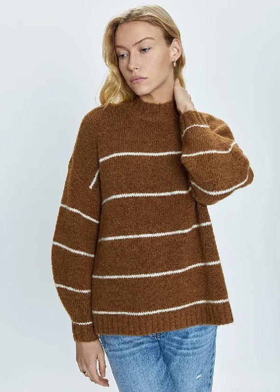 Short Sleeve Women's Cotton Blend Sweaters in Pastel ColorsCarlen Mock Neck Sweater - Caramel White Stripe