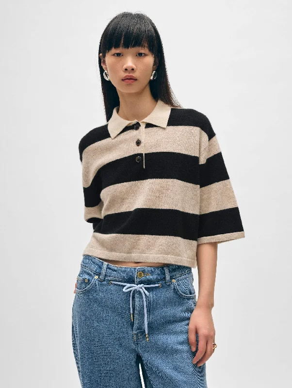 Women's Long Sleeve Turtleneck Cashmere SweatersCASHMERE CROPPED STRIPED POLO