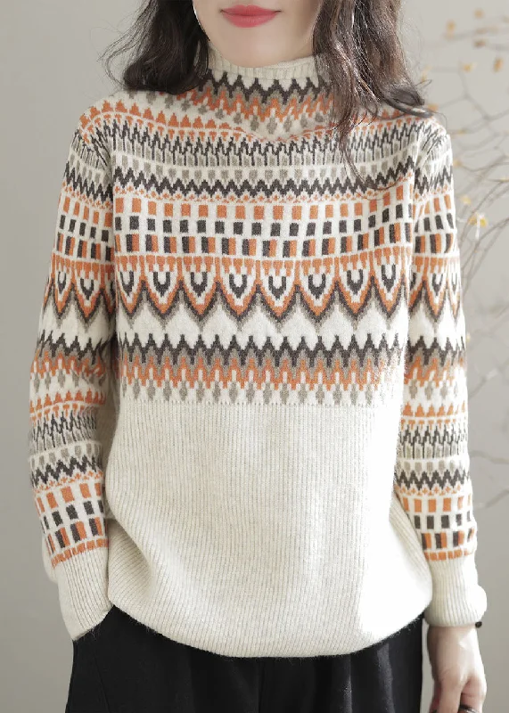 Split - Hem Women's Linen Blend Sweaters for SpringCasual Beige Turtle Neck Thick Print Knit Sweater Tops Winter