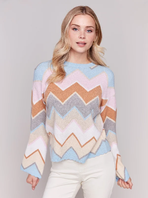 Boat Neck Women's Merino Wool Sweaters in Neutral ShadesChevron Stripe Bell Sleeve Sweater - Candy