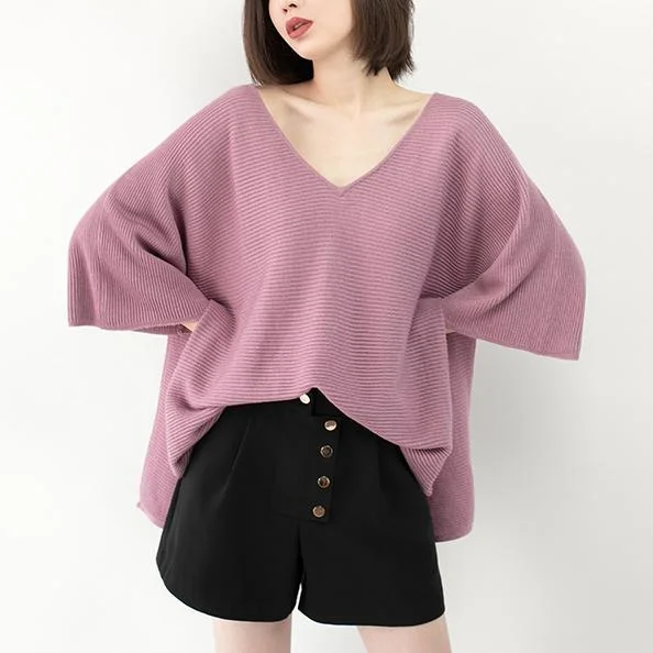 V - Neck Women's Ribbed Wool Sweaters for Fallchunky pink winter sweater Loose fitting V neck knit sweat tops vintage Batwing Sleeve top