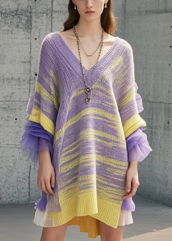 Plus Size Women's Turtleneck Sweater Dresses with Side SlitsDIY Multicolor Tie Dye Patchwork Tulle Sweater Dress Fall