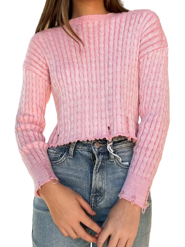 Plus Size Women's Sequined Sweaters for Special OccasionsDream On Cable Knit Sweater In Bubblegum Pink