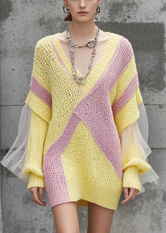Empire Waist Women's Alpaca Wool Sweater Dresses in Earthy TonesElegant Yellow V Neck Patchwork Tulle Knitwear Dress Fall Empire Waist Women's Alpaca Wool Sweater Dresses in Earthy TonesElegant Yellow V Neck Patchwork Tulle Knitwear Dress Fall