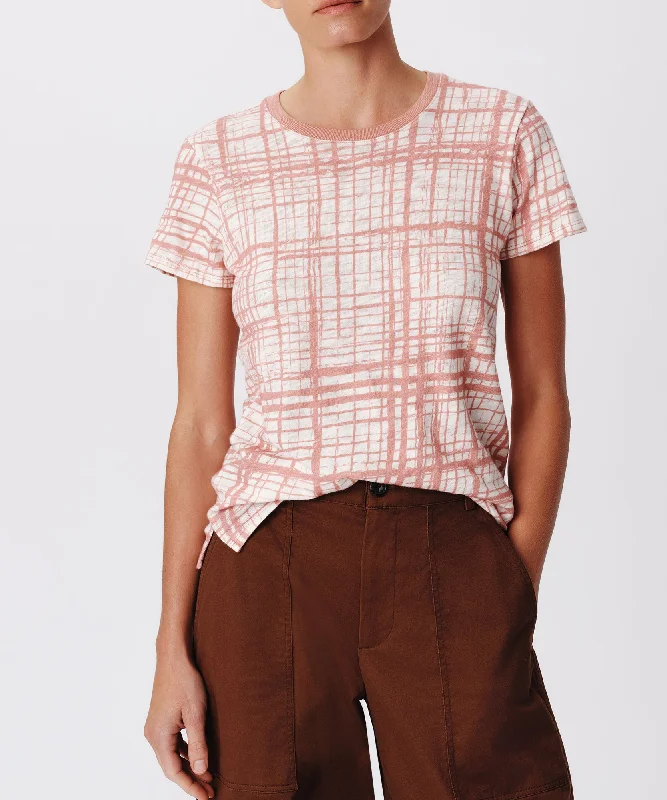 Moisture - Wicking Women T Shirt for Active LifestylesSlub Jersey with Crosshatch Schoolboy Short Sleeve Crew Neck Tee - Faded Rosewood-Chalk Moisture - Wicking Women T Shirt for Active LifestylesSlub Jersey with Crosshatch Schoolboy Short Sleeve Crew Neck Tee - Faded Rosewood-Chalk