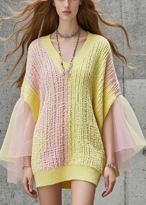 Belted Women's Cotton Blend Sweater Dresses for a Casual LookFrench Colorblock V Neck Patchwork Tulle Sweater Dress Fall