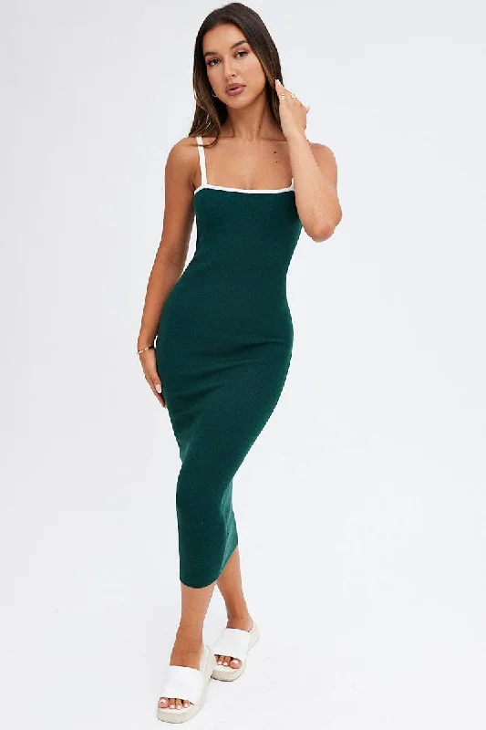 Green Knit Dress Sleeveless Midi Contrast Bind