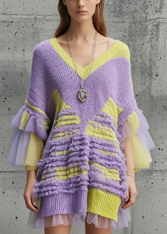 Knee - Length Women's Wool Blend Sweater Dresses in Neutral ColorsHandmade Purple V Neck Patchwork Knit Dress Flare Sleeve
