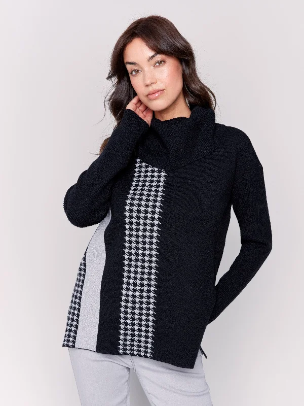 Button - Down Women's Shetland Wool Sweaters in Traditional PatternsHoundstooth Stripe Cowl Neck Sweater - Black