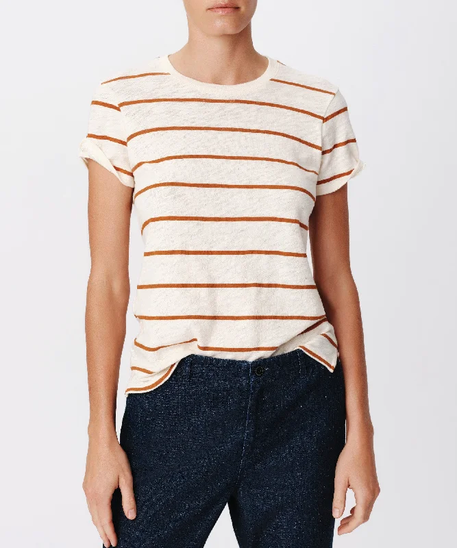 Graphic Print Women T Shirt for a Trendy StatementSlub Jersey Stripe Schoolboy Short Sleeve Crew Neck Tee - Irish Cream-Cornelian Stone Graphic Print Women T Shirt for a Trendy StatementSlub Jersey Stripe Schoolboy Short Sleeve Crew Neck Tee - Irish Cream-Cornelian Stone