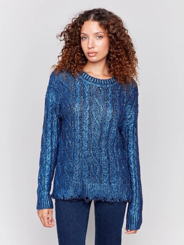 Plus Size Women's Side - Slit Sweaters in Bold SolidsMetallic Cable Knit Sweater - Blue