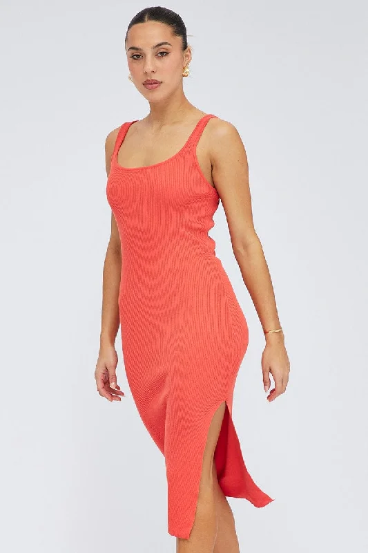 Orange Midi Dress Bodycon Round Neck Ribbed Knit