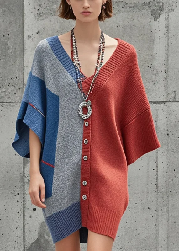 Longline Women's Mohair Sweater Dresses in a Loose FitOrganic Colorblock Asymmetrical Design Knitted Dress Batwing Sleeve