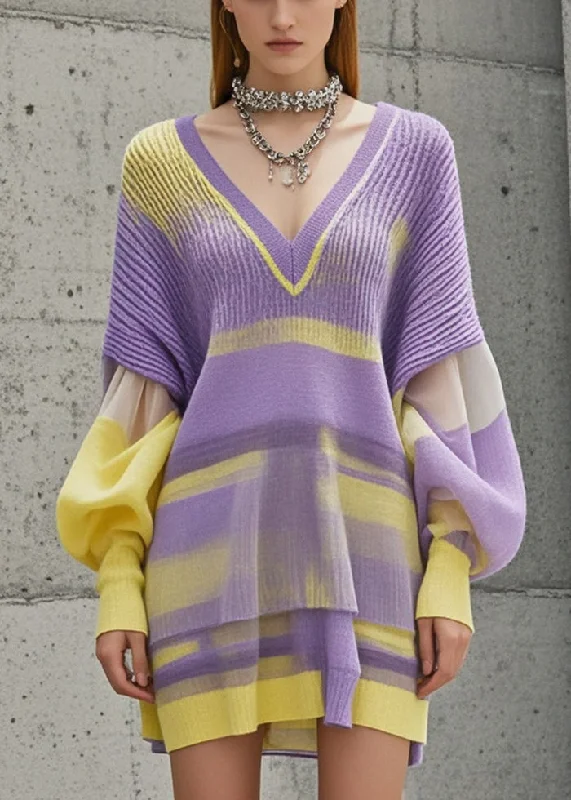 Cowl Neck Women's Cashmere Blend Sweater Dresses for WinterOrganic Purple Tie Dye Patchwork Knitwear Dress Lantern Sleeve