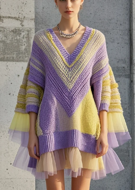 Sleeveless Women's Silk Blend Sweater Dresses for a Sophisticated LookOriginal Design Purple Oversized Patchwork Knit Dress Fall