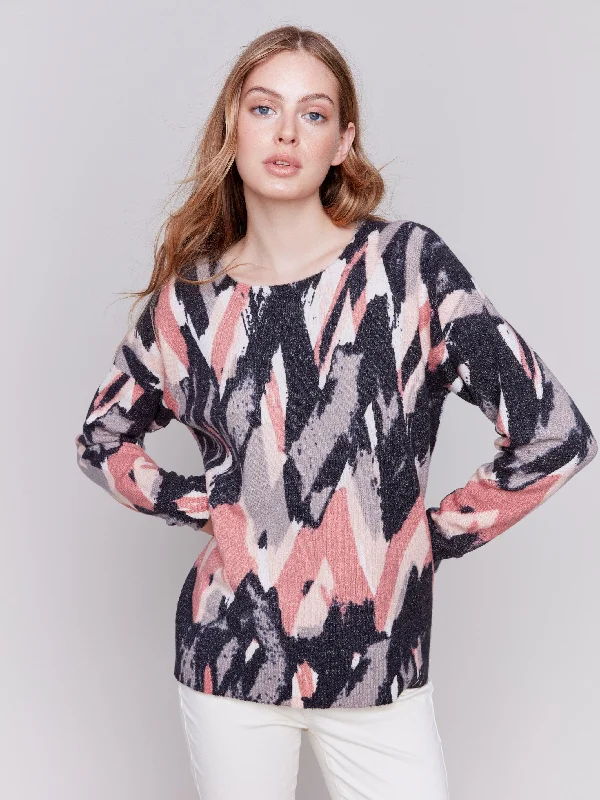 Plus Size Women's Embroidered Sweaters in Ethnic StylesReversible Printed Crew Neck Sweater - Woodrose