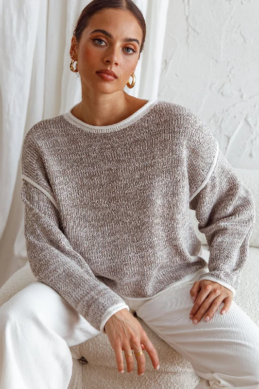 Knee - Length Women's Wool Blend Sweater Dresses in Neutral ColorsSitting Pretty Drop Sleeve White Trim Knit Sweater Grey