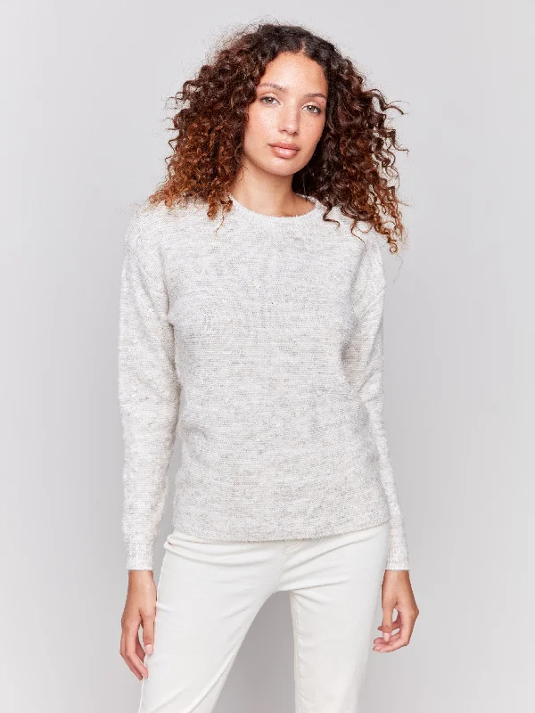Split - Hem Women's Linen Blend Sweaters for SpringSpace Dye Knit Sweater with Drop Shoulders - Ecru