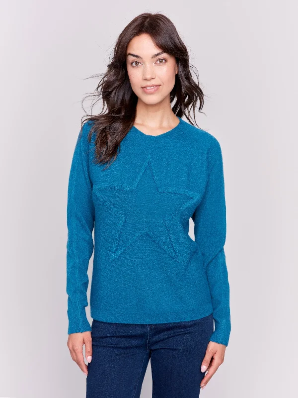 Boat Neck Women's Merino Wool Sweaters in Neutral ShadesSweater with Fringed Embroidery - Peacock
