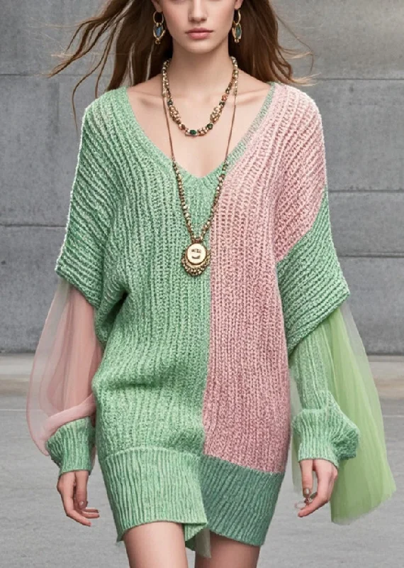 Sleeveless Women's Silk Blend Sweater Dresses for a Sophisticated LookUnique Colorblock Asymmetrical Patchwork Tulle Long Sweater Batwing Sleeve