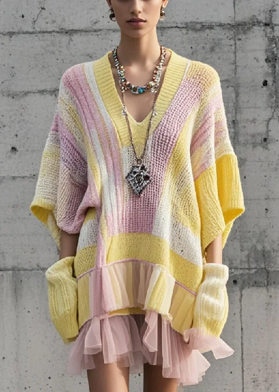 Cowl Neck Women's Cashmere Blend Sweater Dresses for WinterUnique Multicolor Oversized Patchwork Tulle Knit Sweater Dress Fall