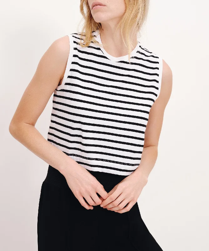 Sequined Women T Shirt for a Sparkly Night OutClassic Jersey Stripe Sleeveless Cropped Muscle Tee - White-Black