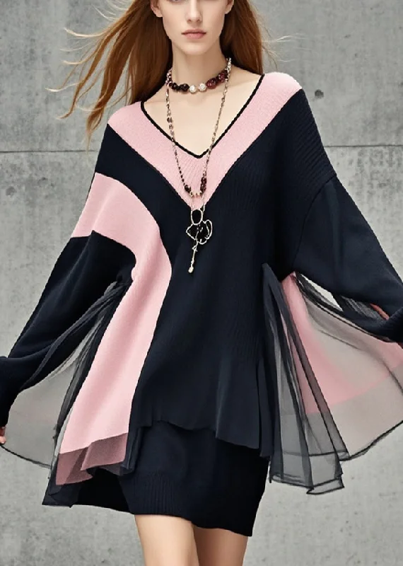 Longline Women's Mohair Sweater Dresses in a Loose FitWomen Black V Neck Patchwork Tulle Sweater Dress Fall Longline Women's Mohair Sweater Dresses in a Loose FitWomen Black V Neck Patchwork Tulle Sweater Dress Fall