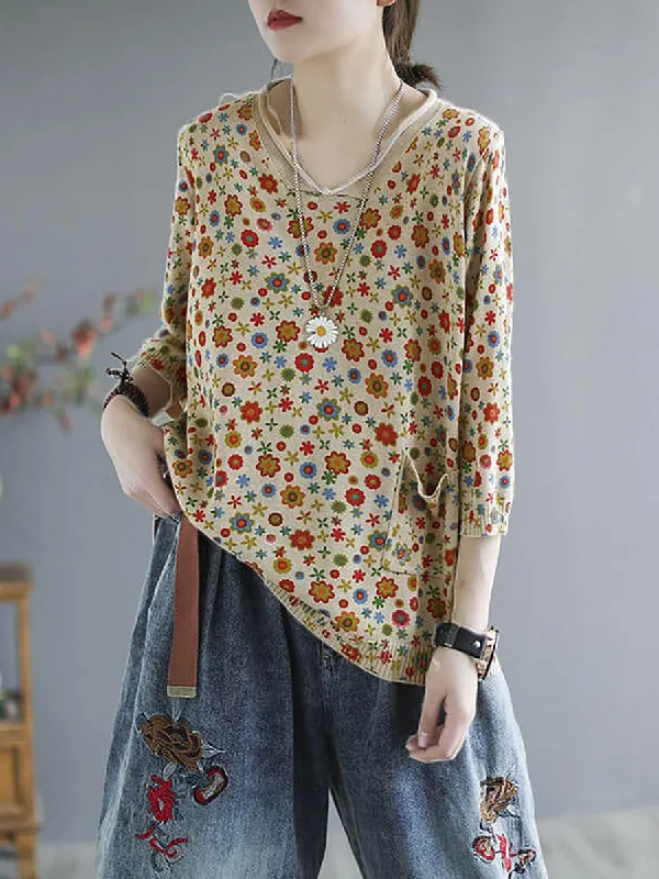 Women Floral Fall Knitted Casual Print Pocket Sweater