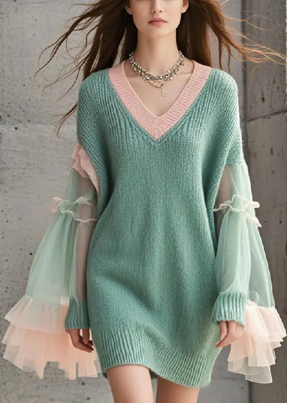 Plus Size Women's Tunic - Style Sweater Dresses with PocketsWomen Green V Neck Patchwork Tulle Knitwear Dress Flare Sleeve