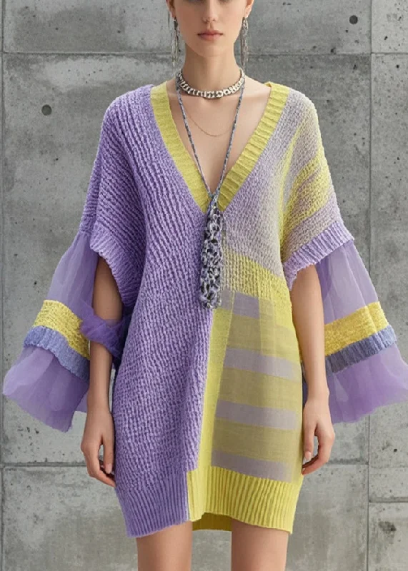 Mini - Length Women's Chunky Knit Sweater Dresses in Bold HuesWomen Lavender Asymmetrical Patchwork Tulle Knitwear Dress Fall