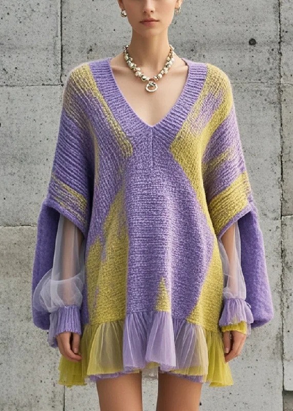 Belted Women's Cotton Blend Sweater Dresses for a Casual LookWomen Purple Oversized Patchwork Tulle Knit Dress Fall
